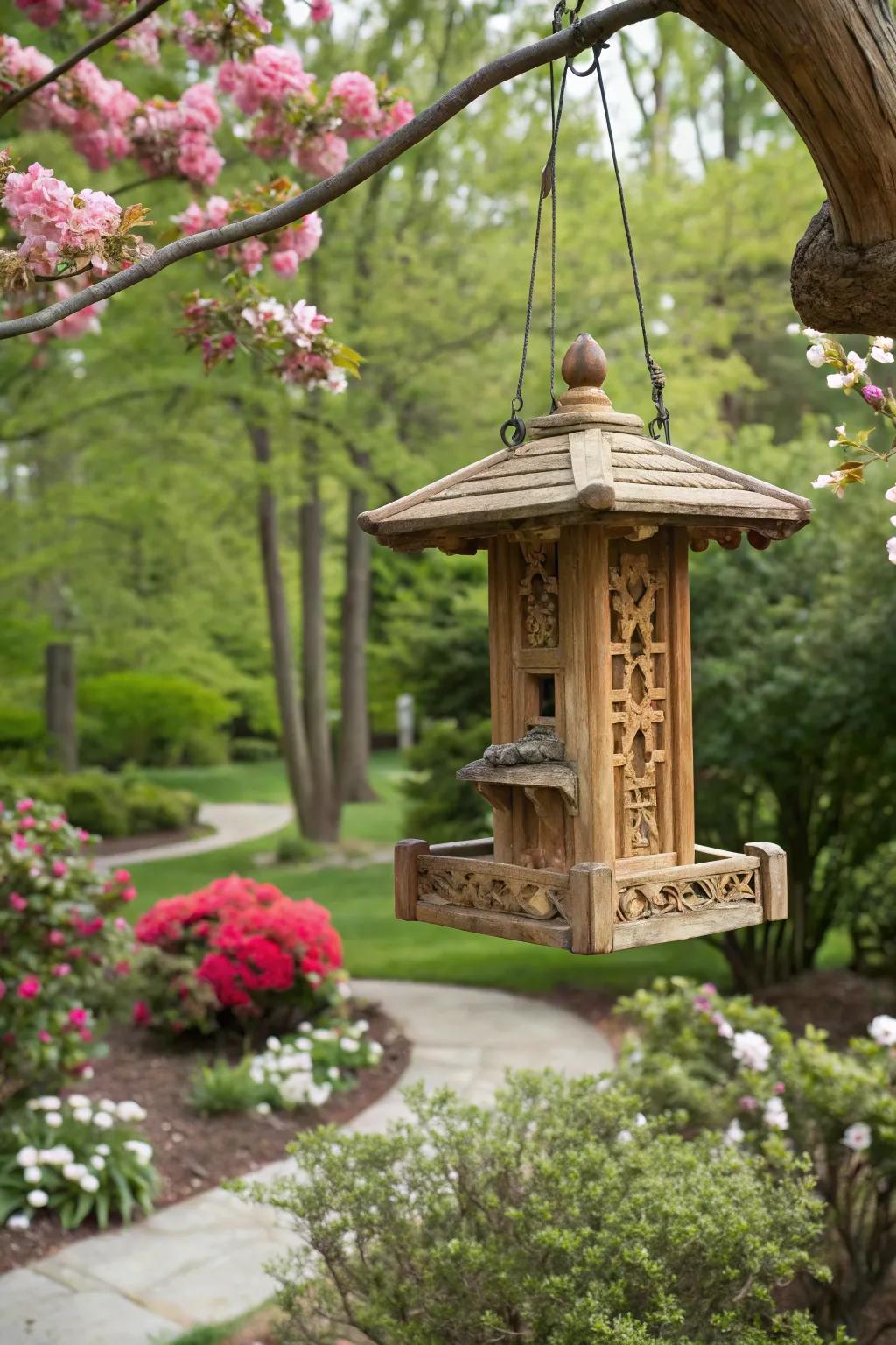 A feeder hand carved from wood that offers unique artistry to any garden.