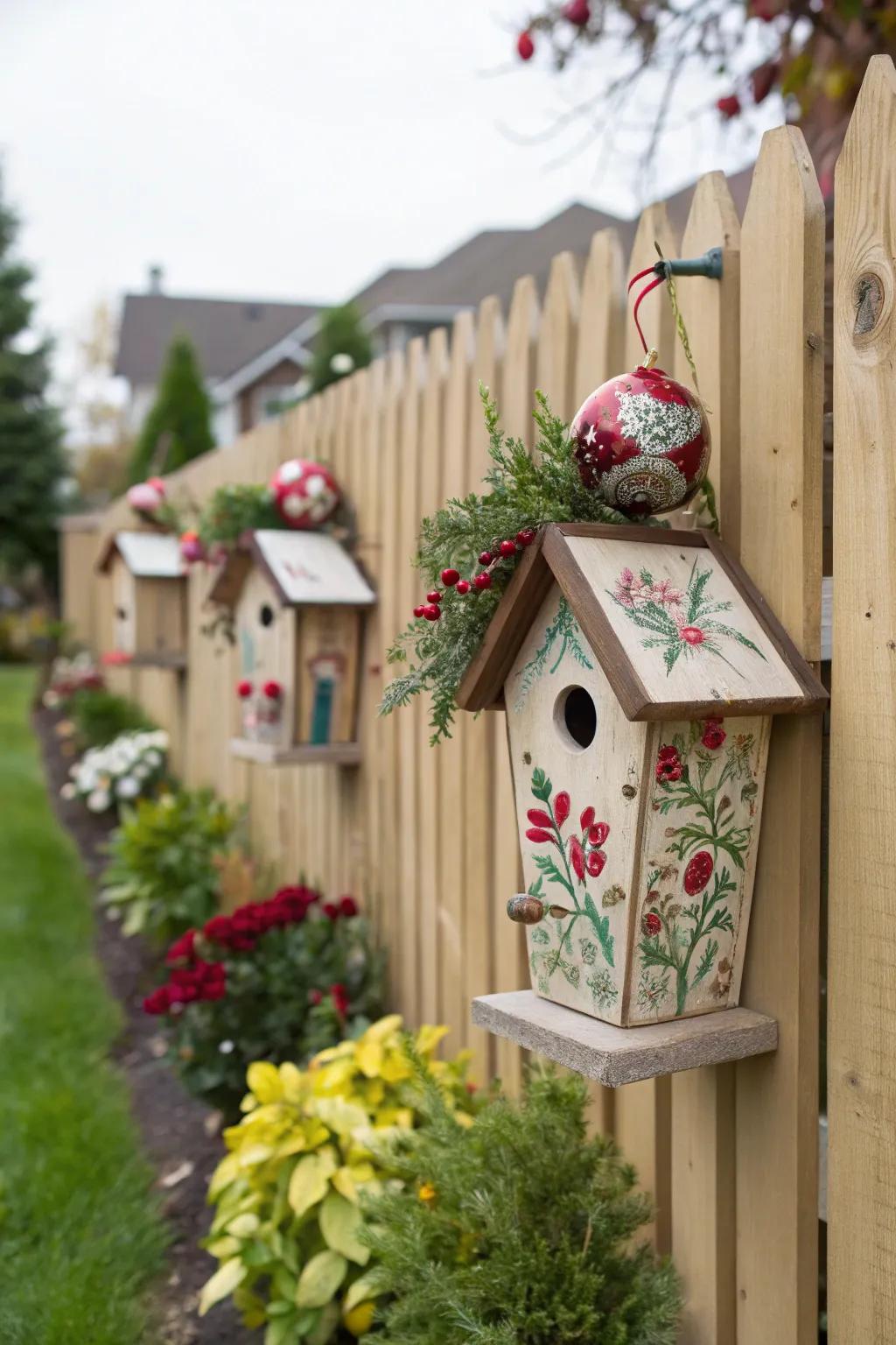 Seasonal bird dwelling motifs usher in festive charm to the garden fence.