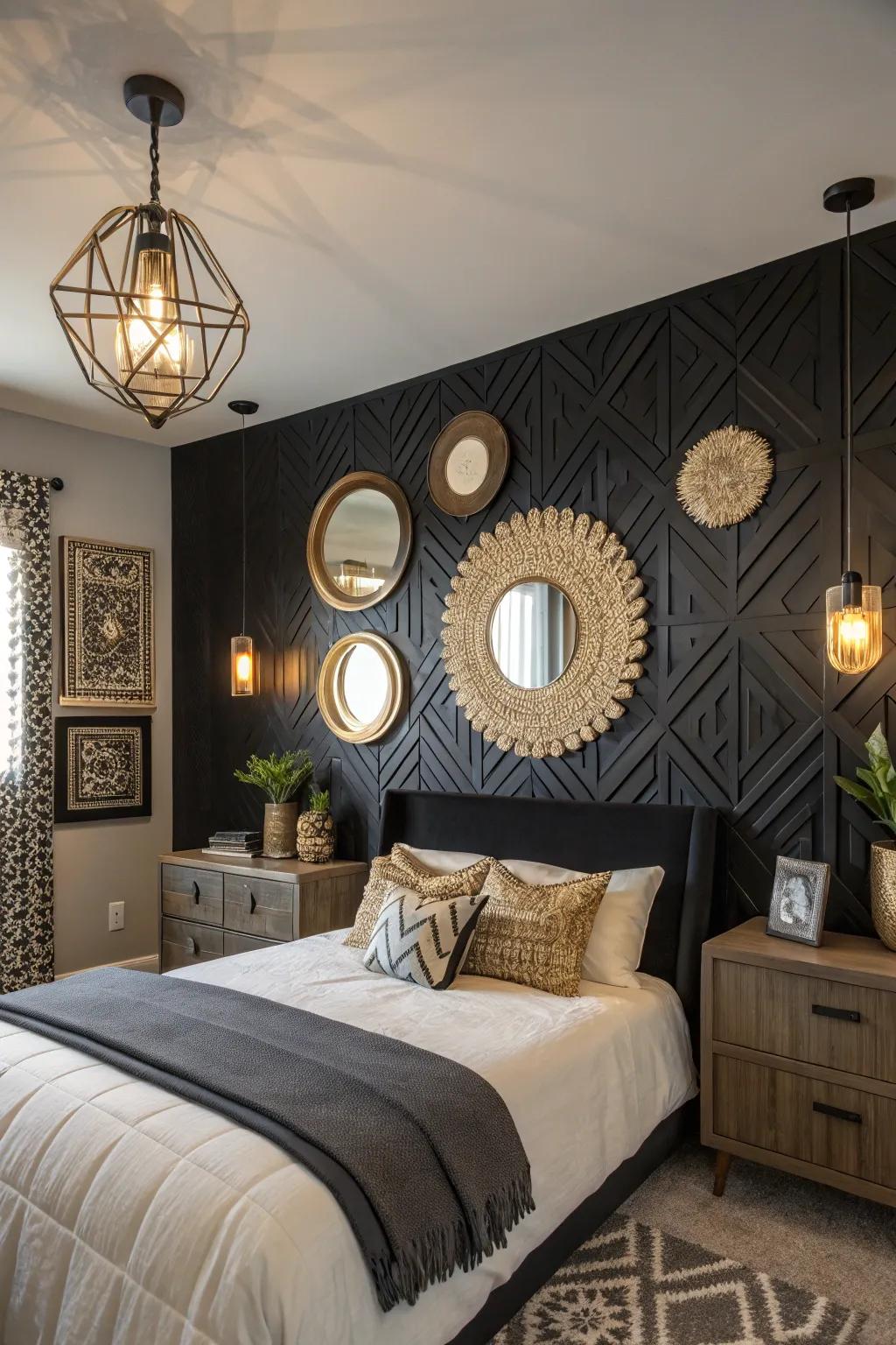 Layered design elements craft visual fascination on a black statement wall.