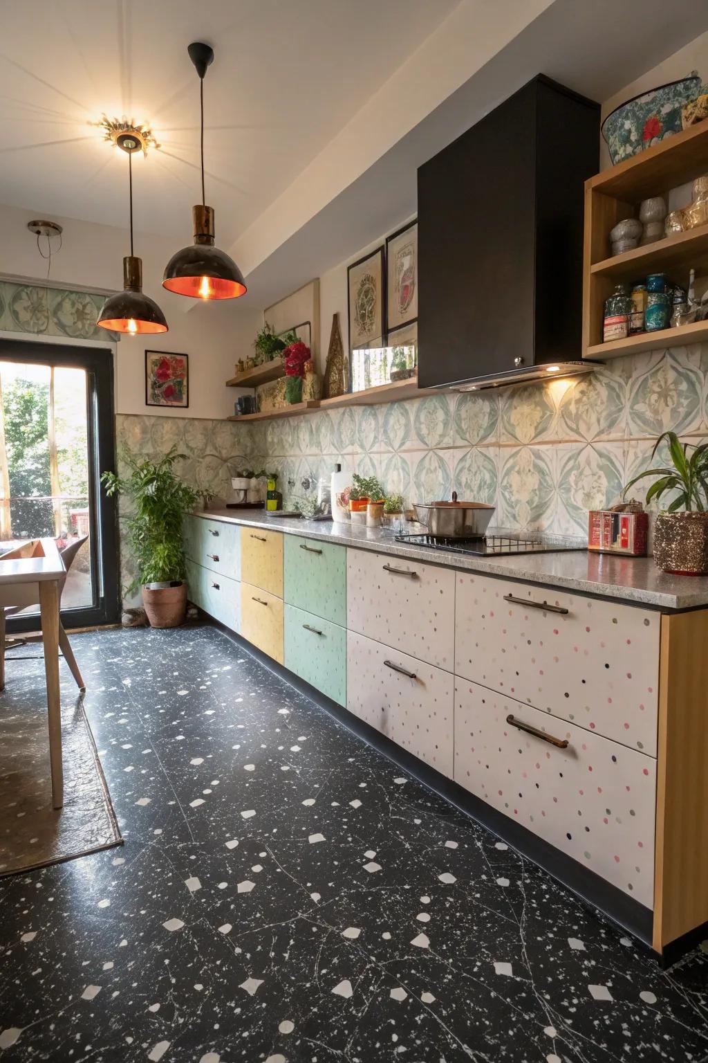 A cooking area with ebony terrazzo floor components proffering a playful, sophisticated alteration.