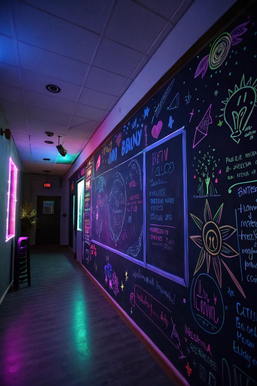 Neon chalkboard walls offer interactive, glowing fun.