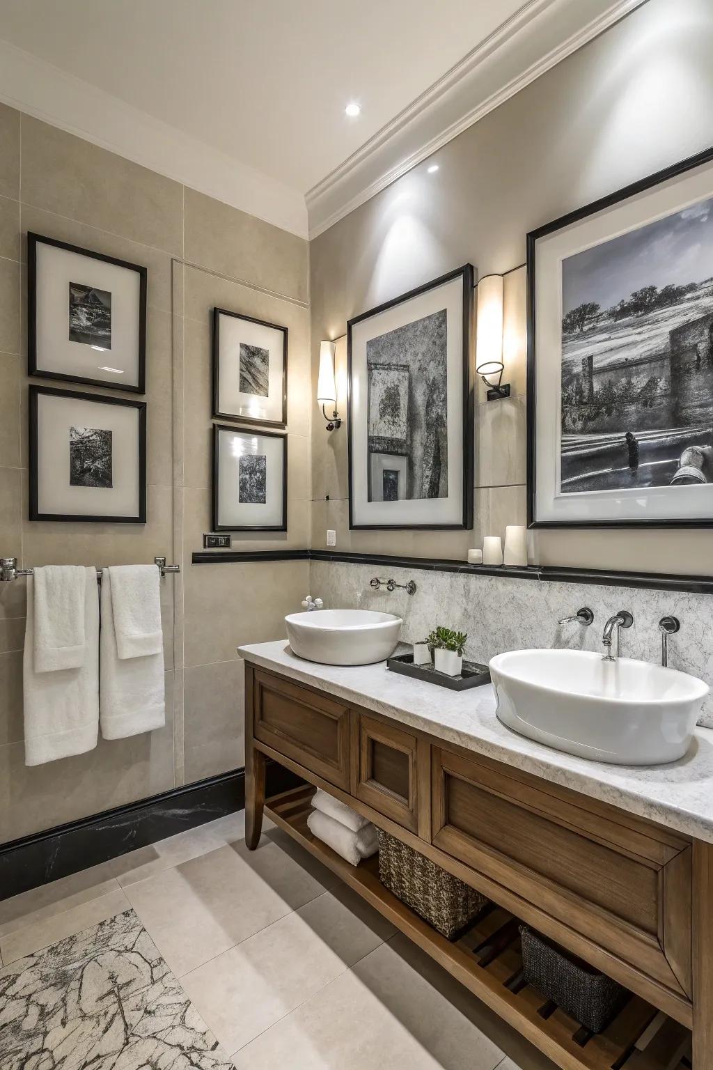 Artwork in ebony and ivory adds personality and a focal point to this bathroom.