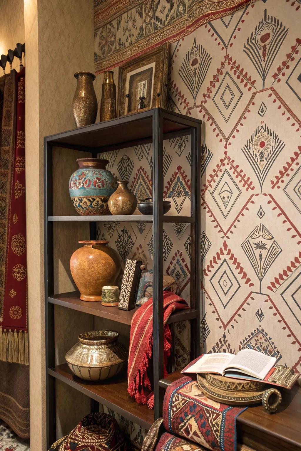 A bookshelf featuring tribal pattern wallpaper, radiating a rich, cultural flair.