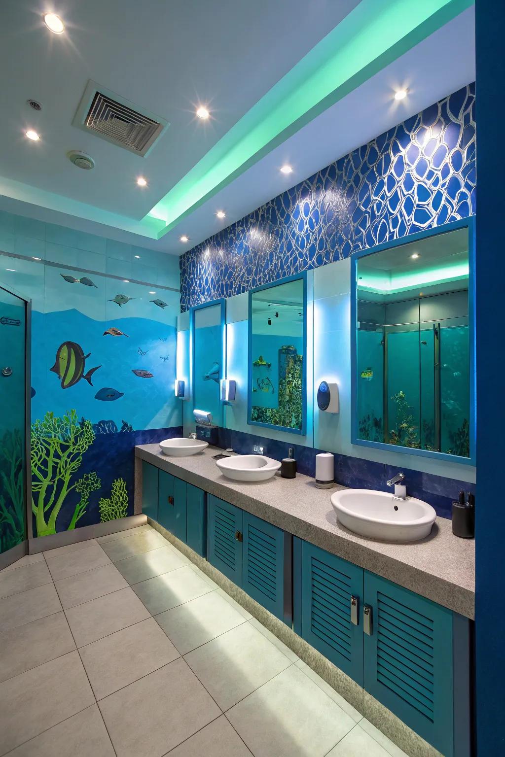 Marine-inspired illumination cultivates a serene atmosphere in a boys' lavatory.