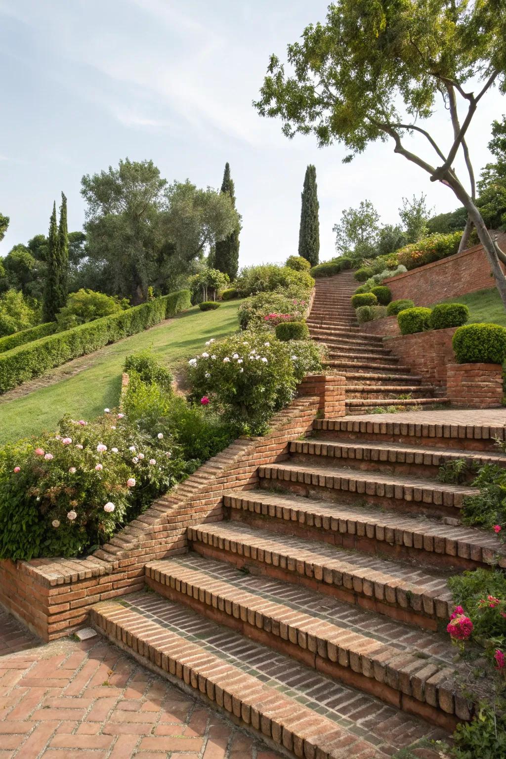 Terraced brick steps adding dimension to a sloped garden.