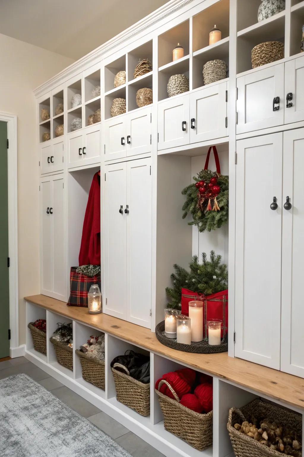 Seasonal decor neatly arranged in units.