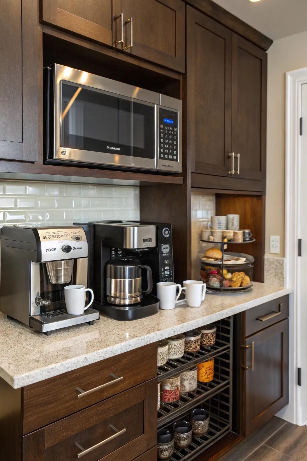 Chic kitchen design highlighting a microwave situated over a coffee center.