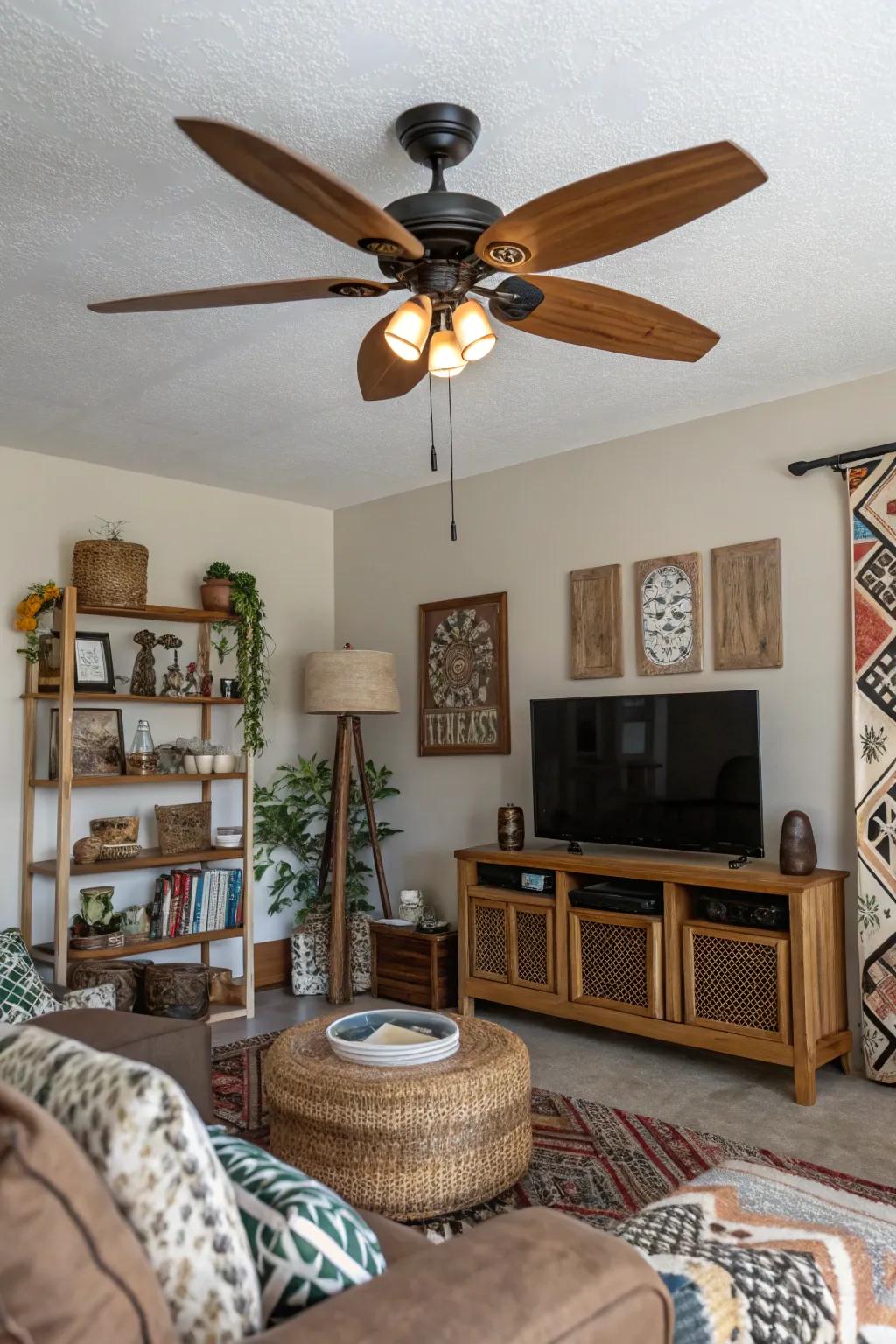 Introduce interest with a fan featuring mixed materials.