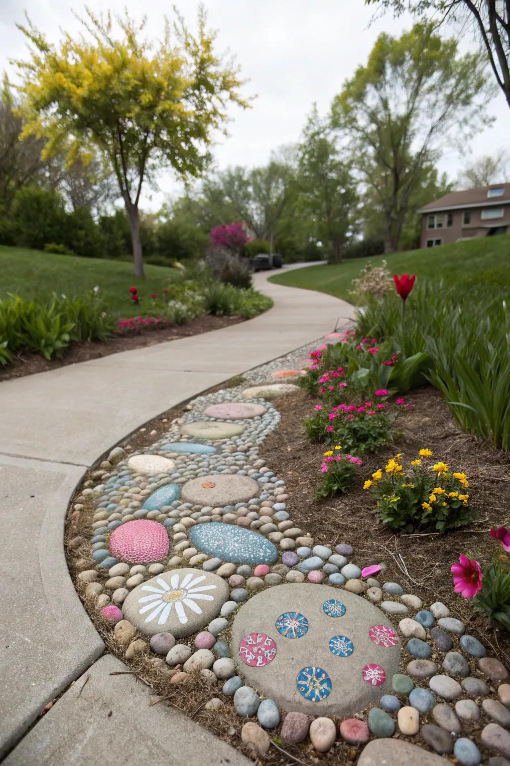 Cement paths with rocks for a playful look in gardens.