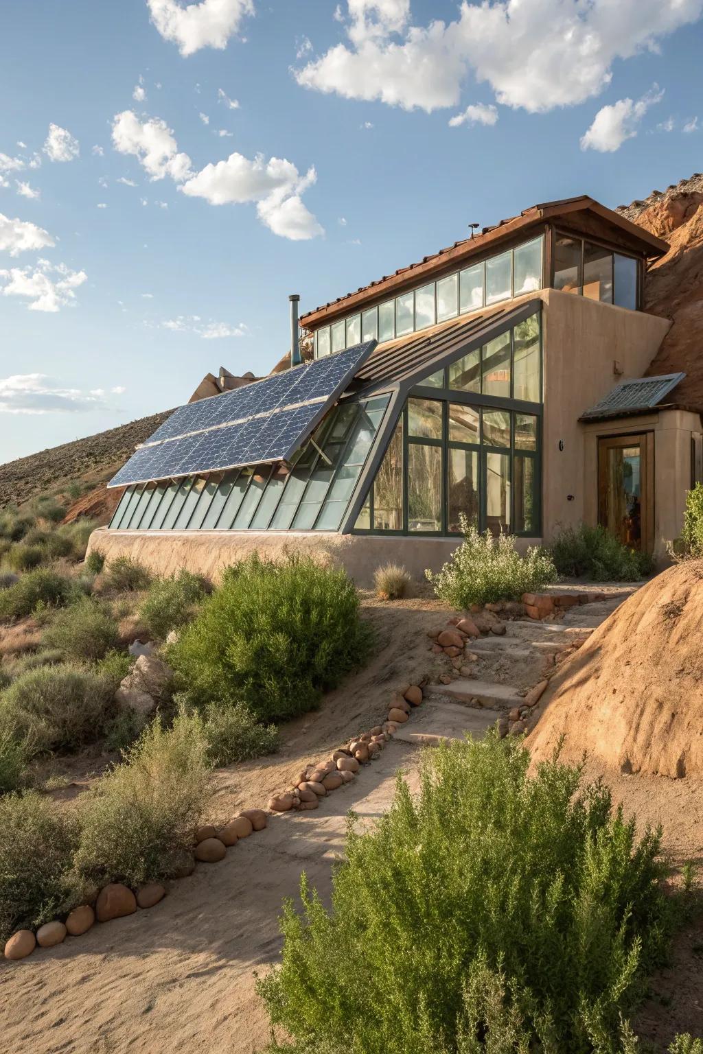 An innovative earth-friendly home promoting self-sufficiency and sustainability.