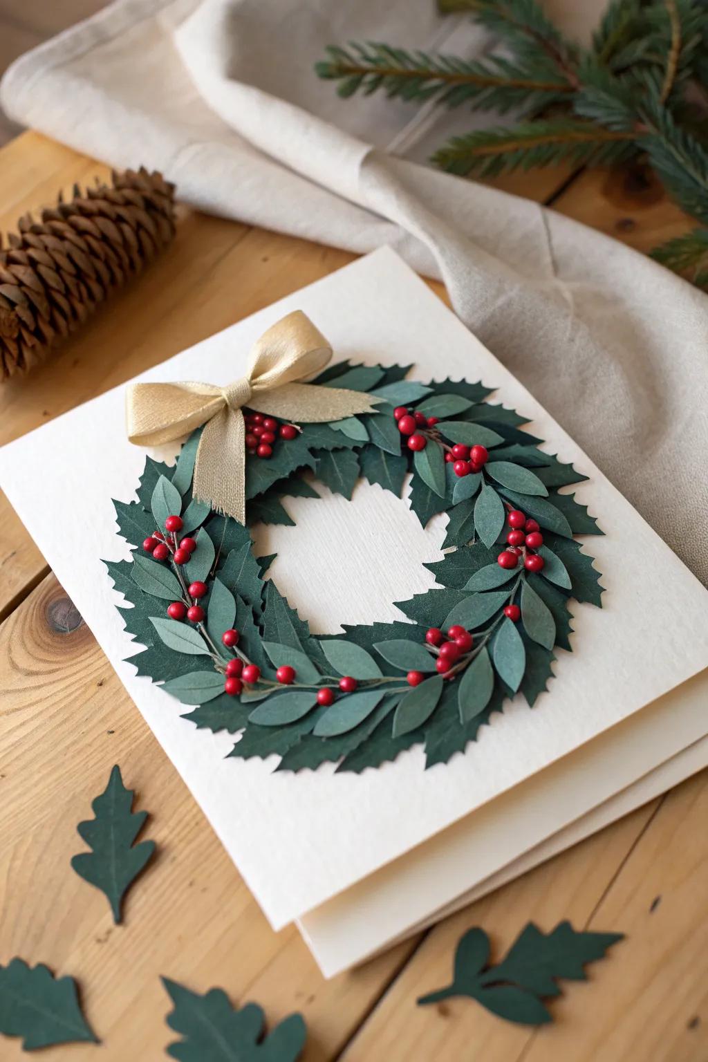 Embrace the beauty of simplicity using a handcrafted paper wreath greeting, which is perfect for a minimalist yet festive holiday wish.