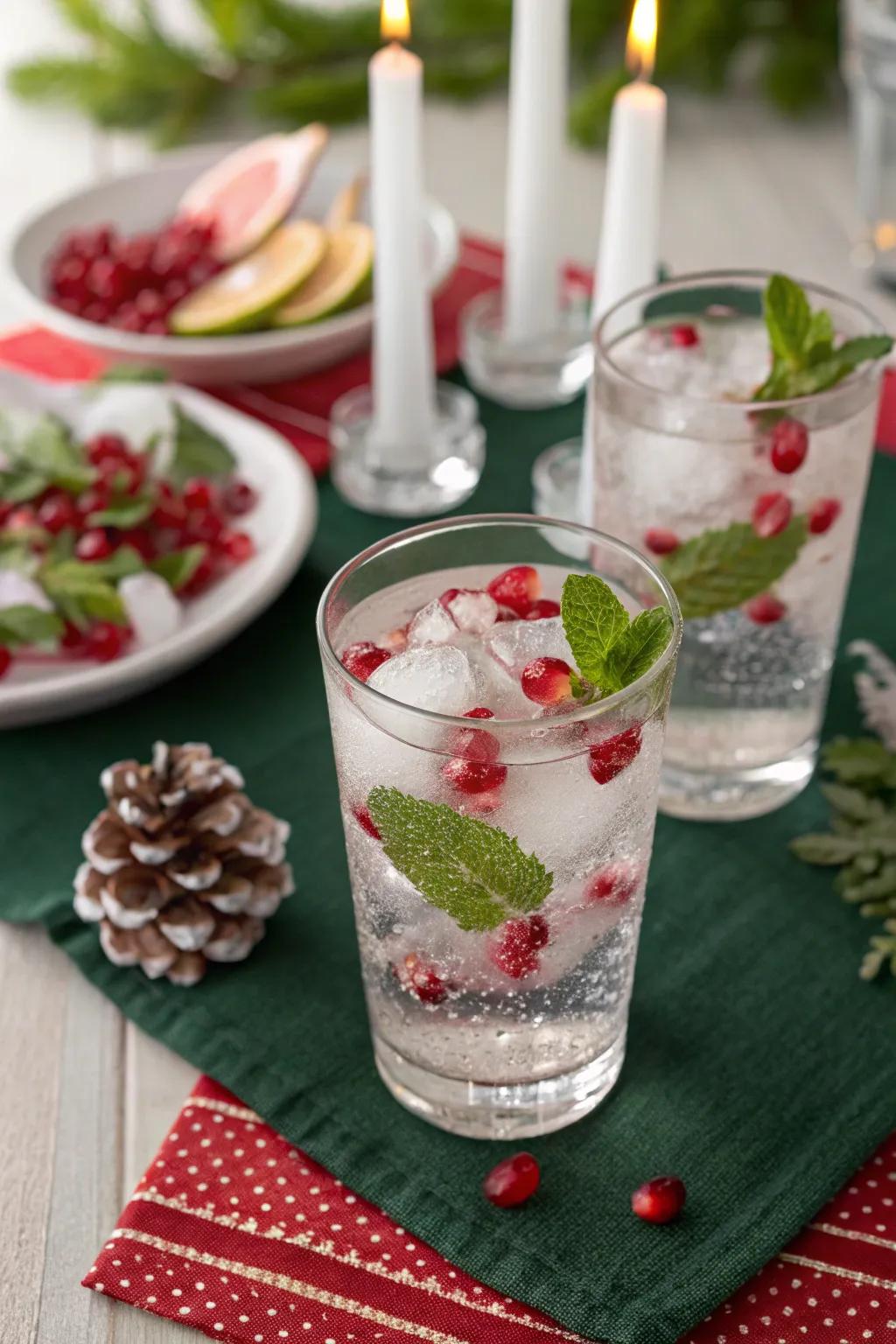 Festive pomegranate and mint ice cubes for holiday drinks.