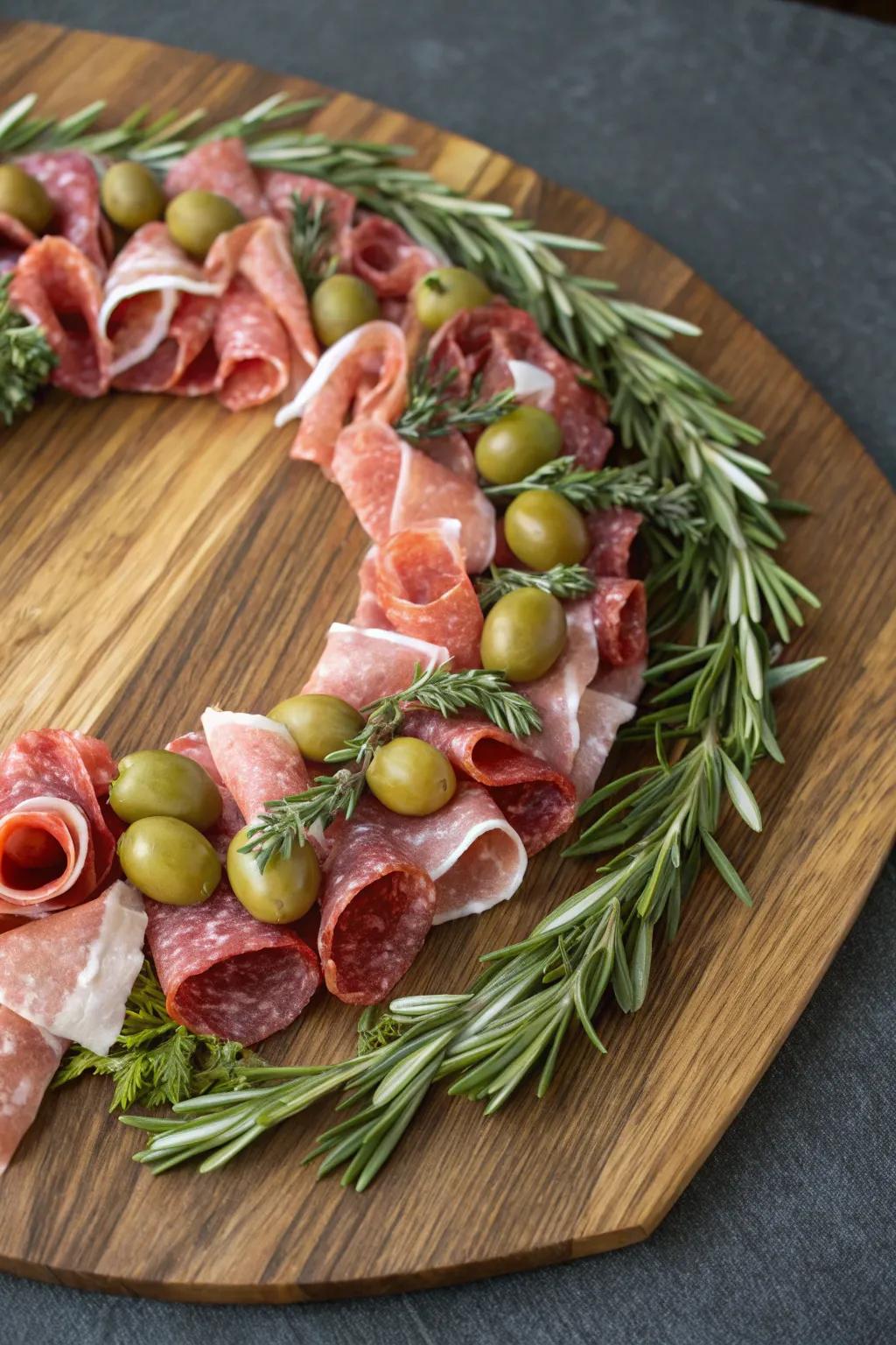 Savory wreath of meats featuring olives and herbs.