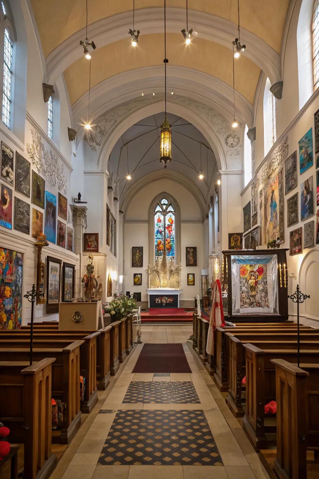 Chapel interior presenting eccentric art shows.