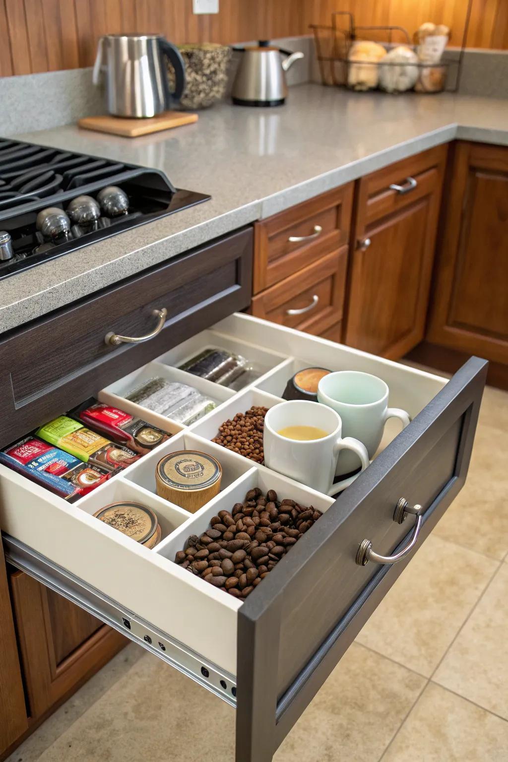 A concealed compartment injects a playful surprise into your coffee drawer.
