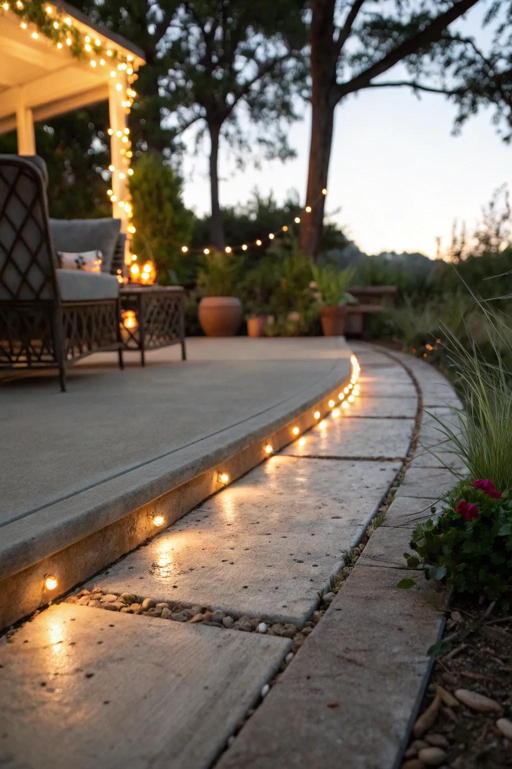 Solar lights enhance ambiance and safety for patio borders.