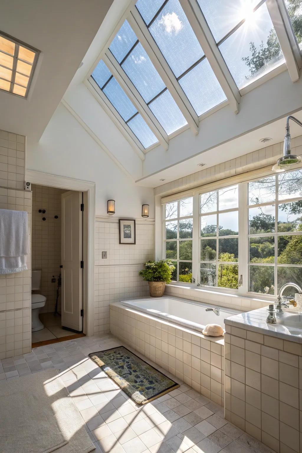 A sunlight window bringing natural rays into a cottage bathroom