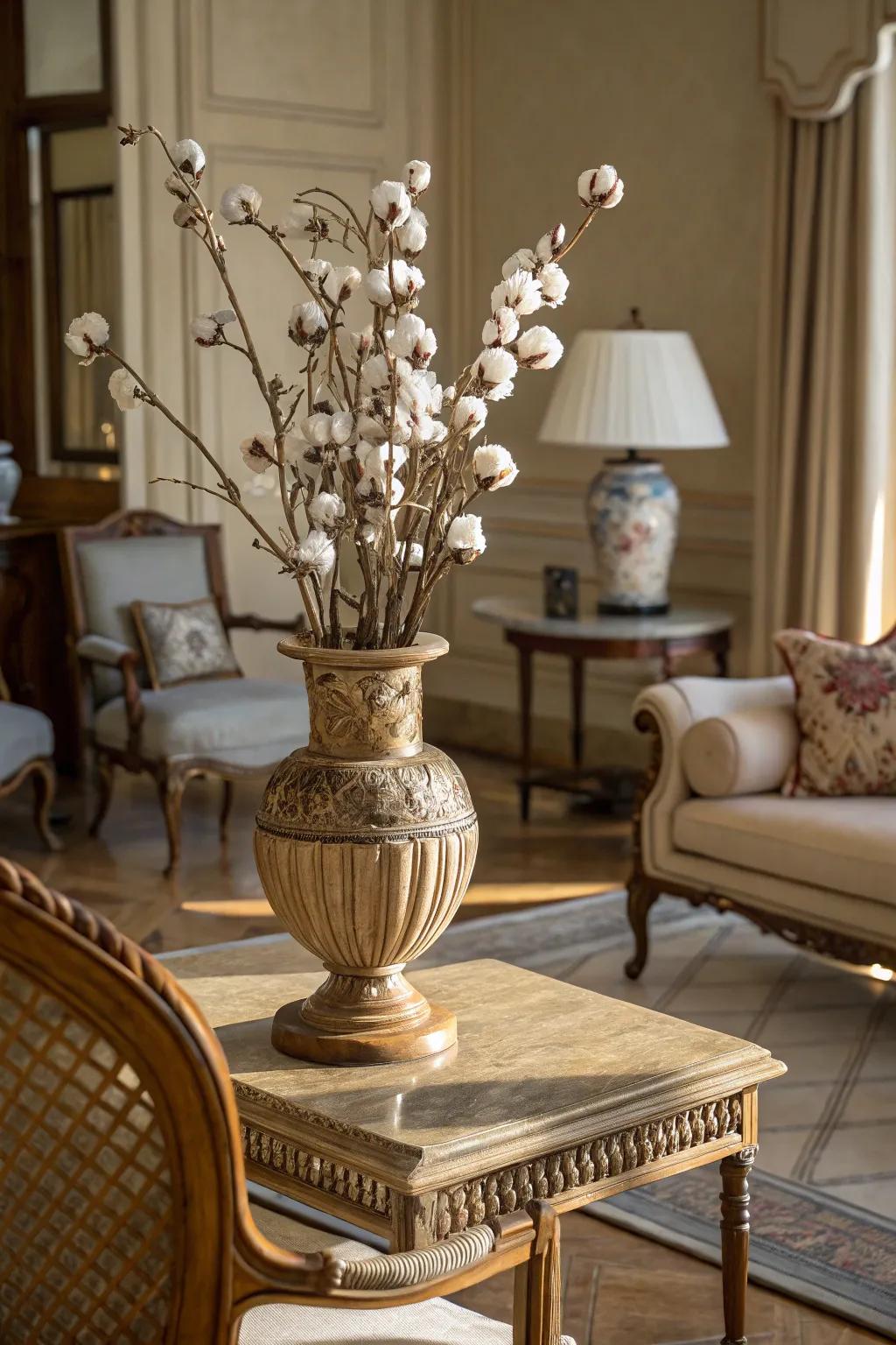 Ageless excellence with collectibles and cotton sprigs.