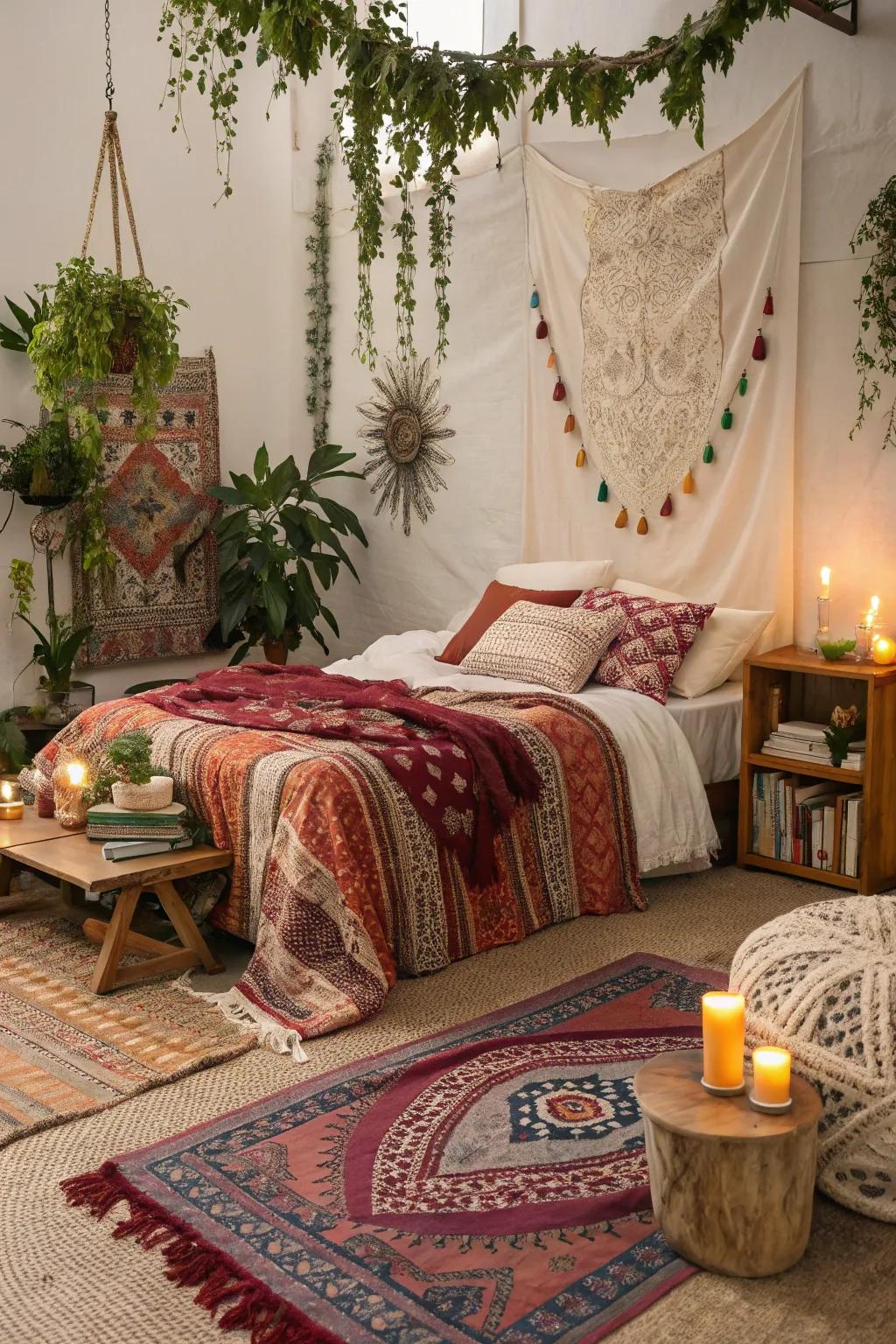 A bohemian-inspired bedroom showcasing eclectic and cozy features.