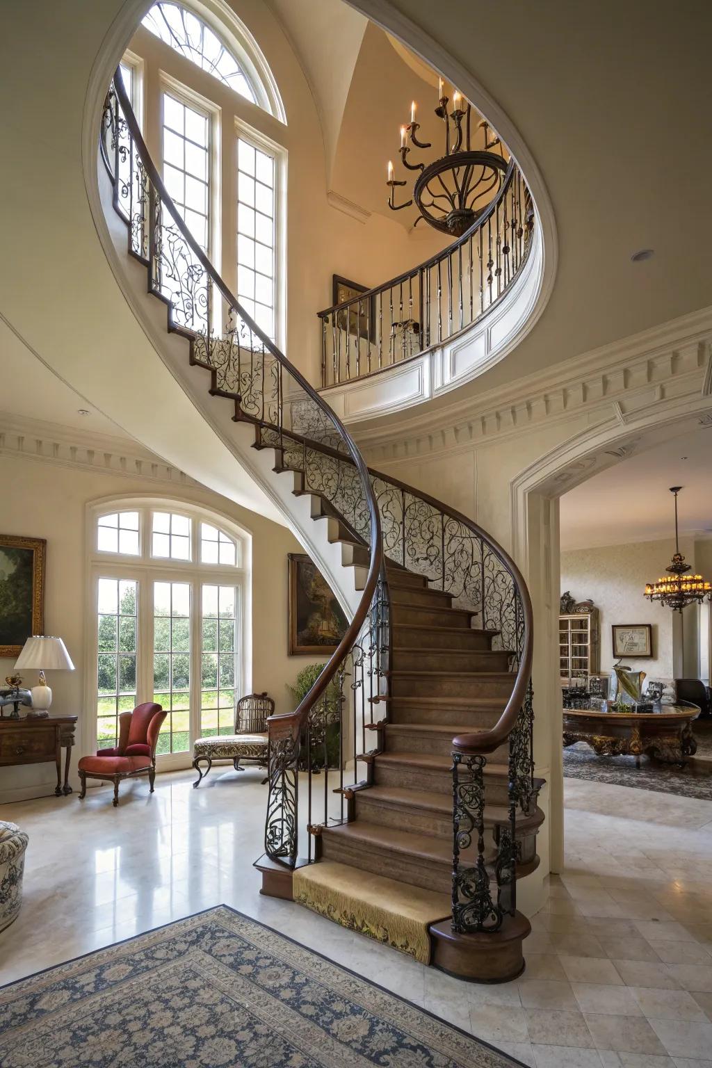 A whirlwind staircase serving as a striking architectural aspect.