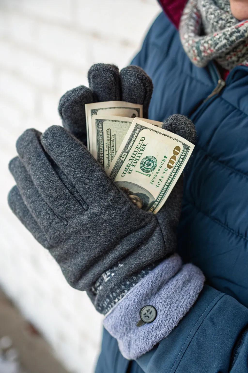Winter gauntlets with a concealed currency astonishment.