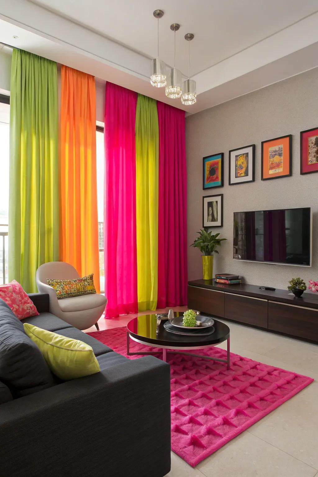 Neon curtains inject a burst of energy and enjoyment.