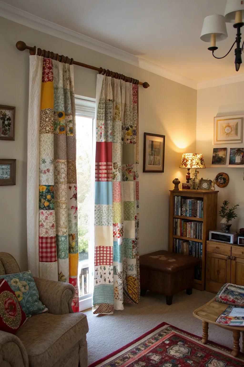 Unique drapes with varied fabric scrap ribbons.