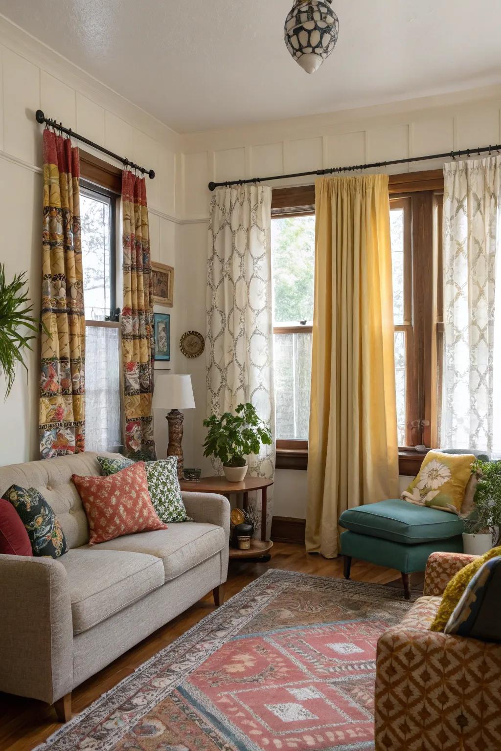 Blending curtain styles infuses a personal and unique touch to decor.