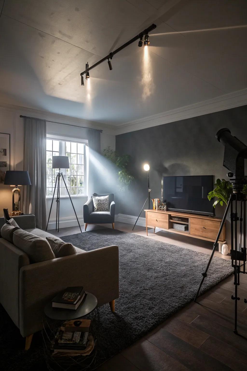 Dynamic illumination enhances the mood of a dark-toned carpeted room.