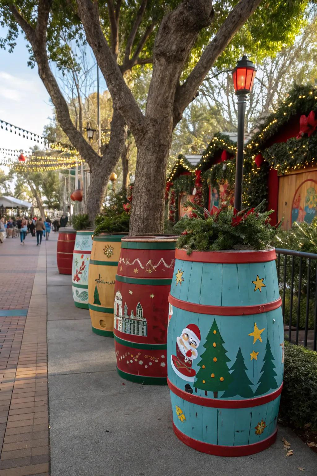 Barrels painted with festive celebration themes