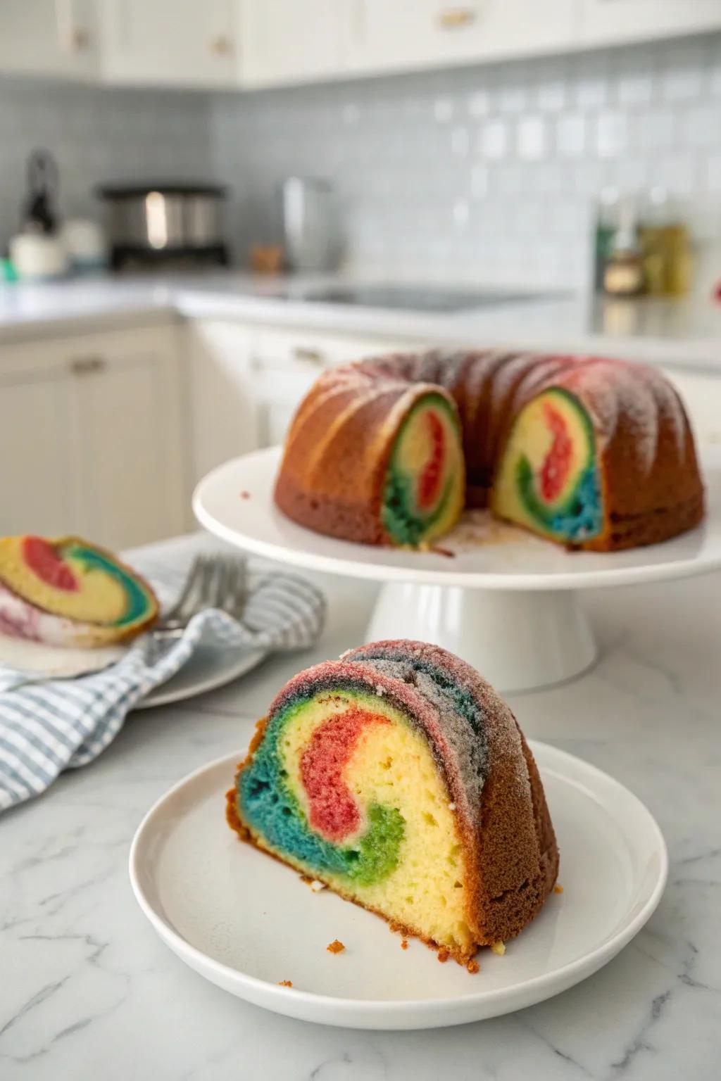 A ring cake featuring a surprise swirl pattern inside.