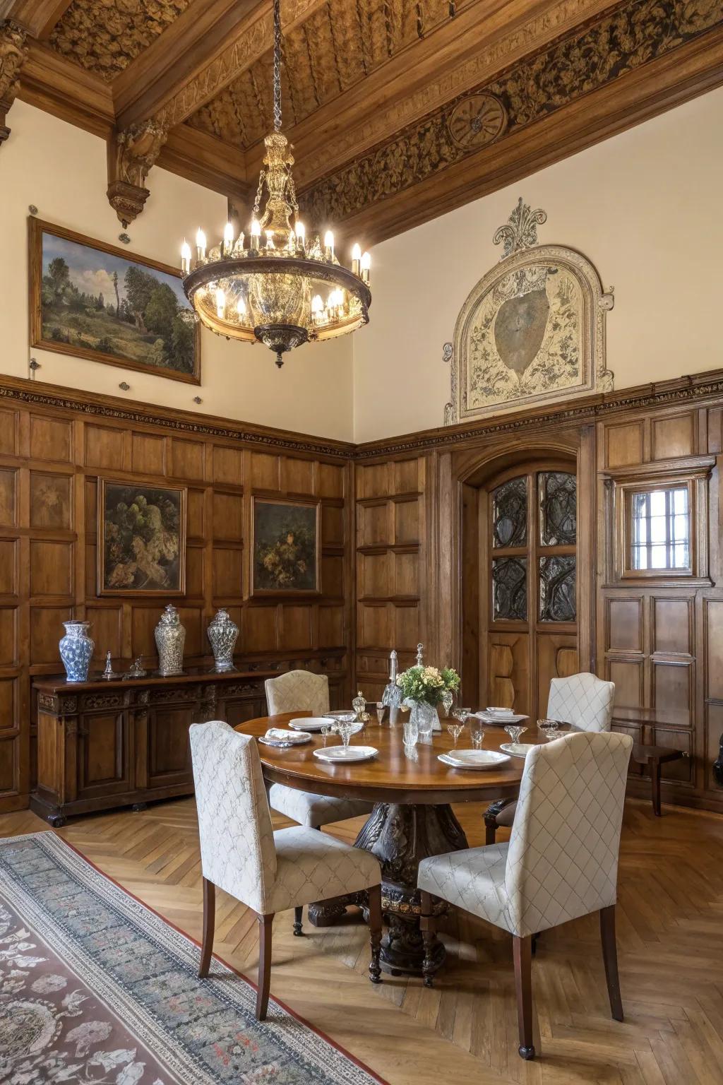 Vintage-inspired wainscoting introduces historic charm to the dining space.