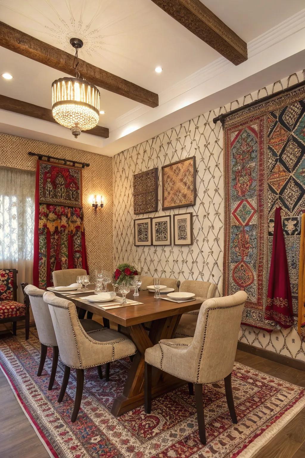Culturally-inspired wall covering includes a distinct and individual touch to this dining space.