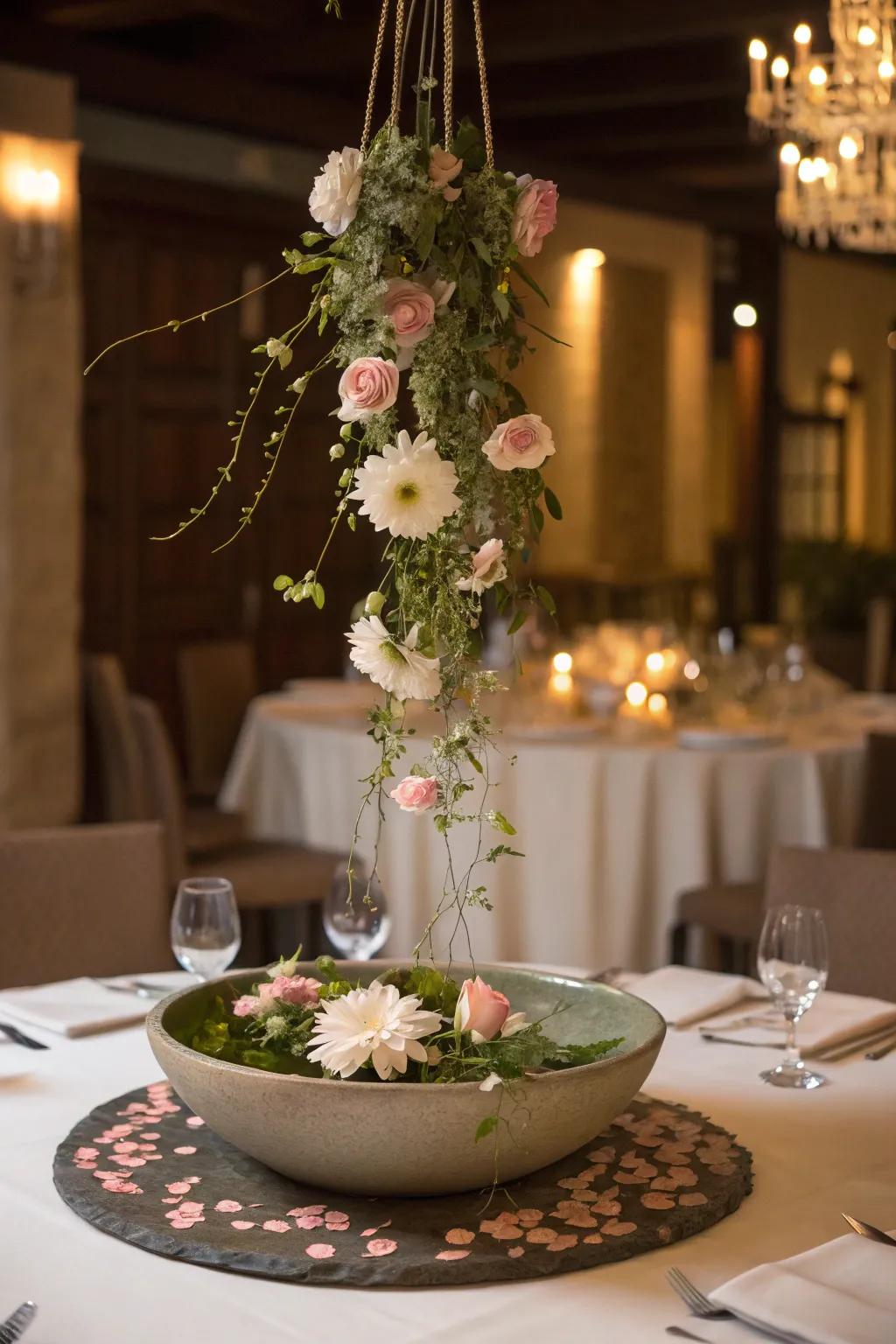 A suspended floral centerpiece contributes whimsy and elegance to the table.