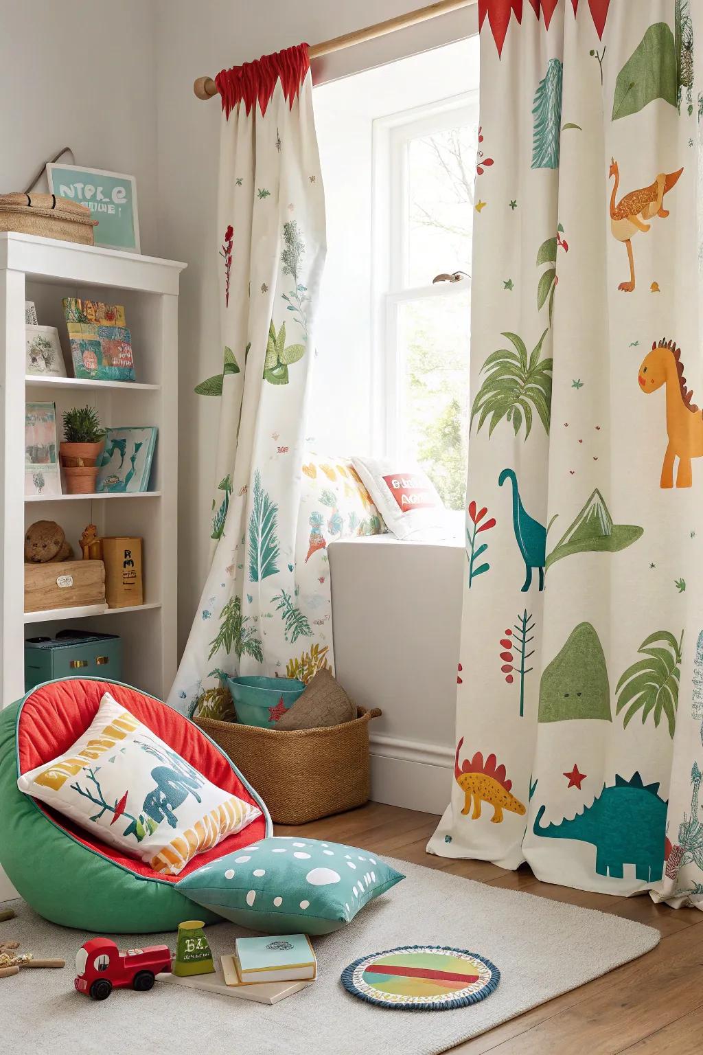 Dino-themed curtains that present a finishing touch to the room's decor.