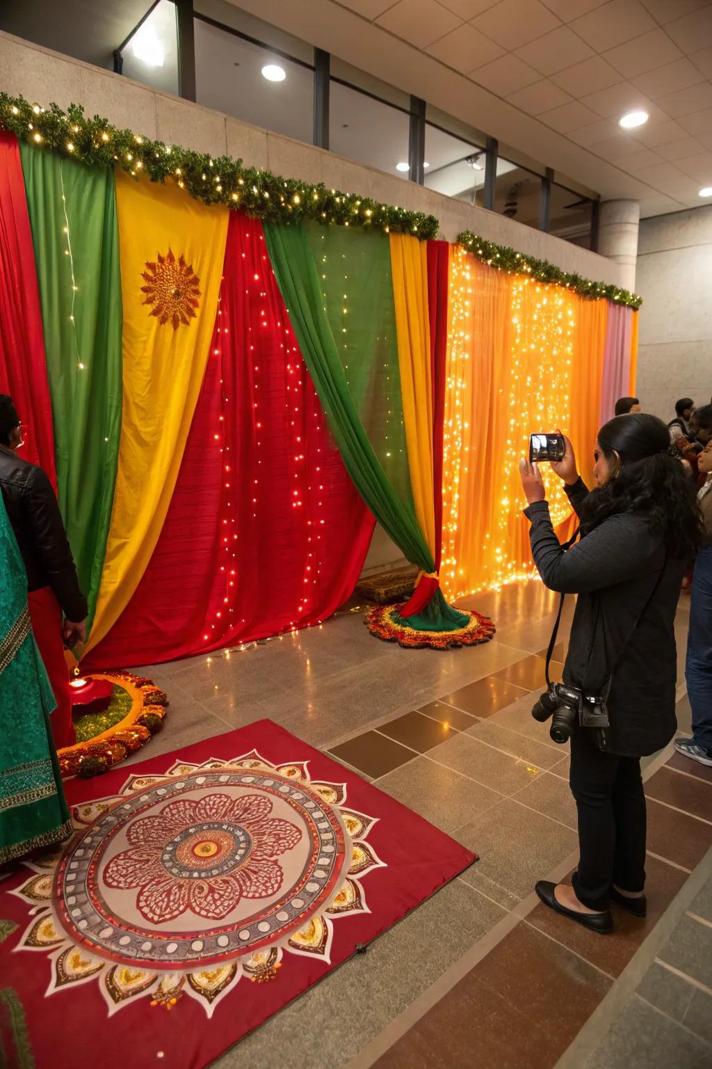 Flowing saris fashioning a luxurious and cultural photo booth ambiance.