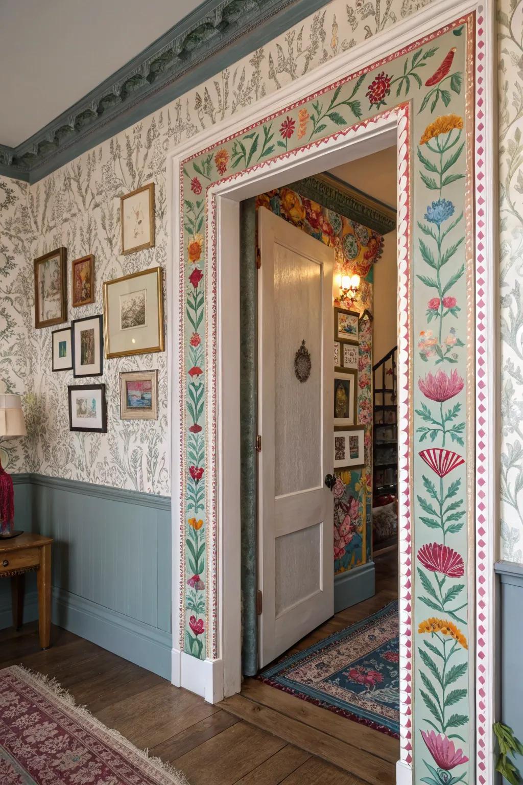 This diverse environment is made more patterned by the addition of wallpaper inside the door trims.