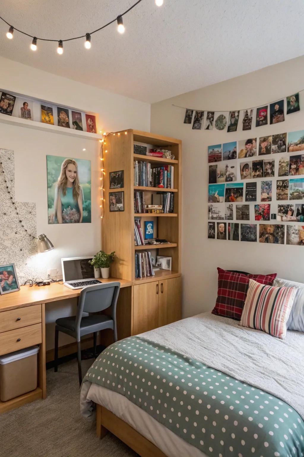 Personalized decor in a dorm room that adds a sense of home and charm.