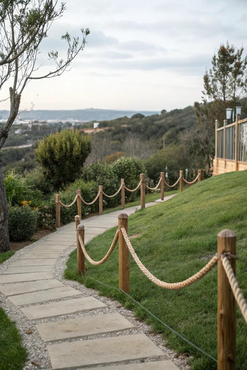 Cord guardrails offer safety and charm on sloped pathways.