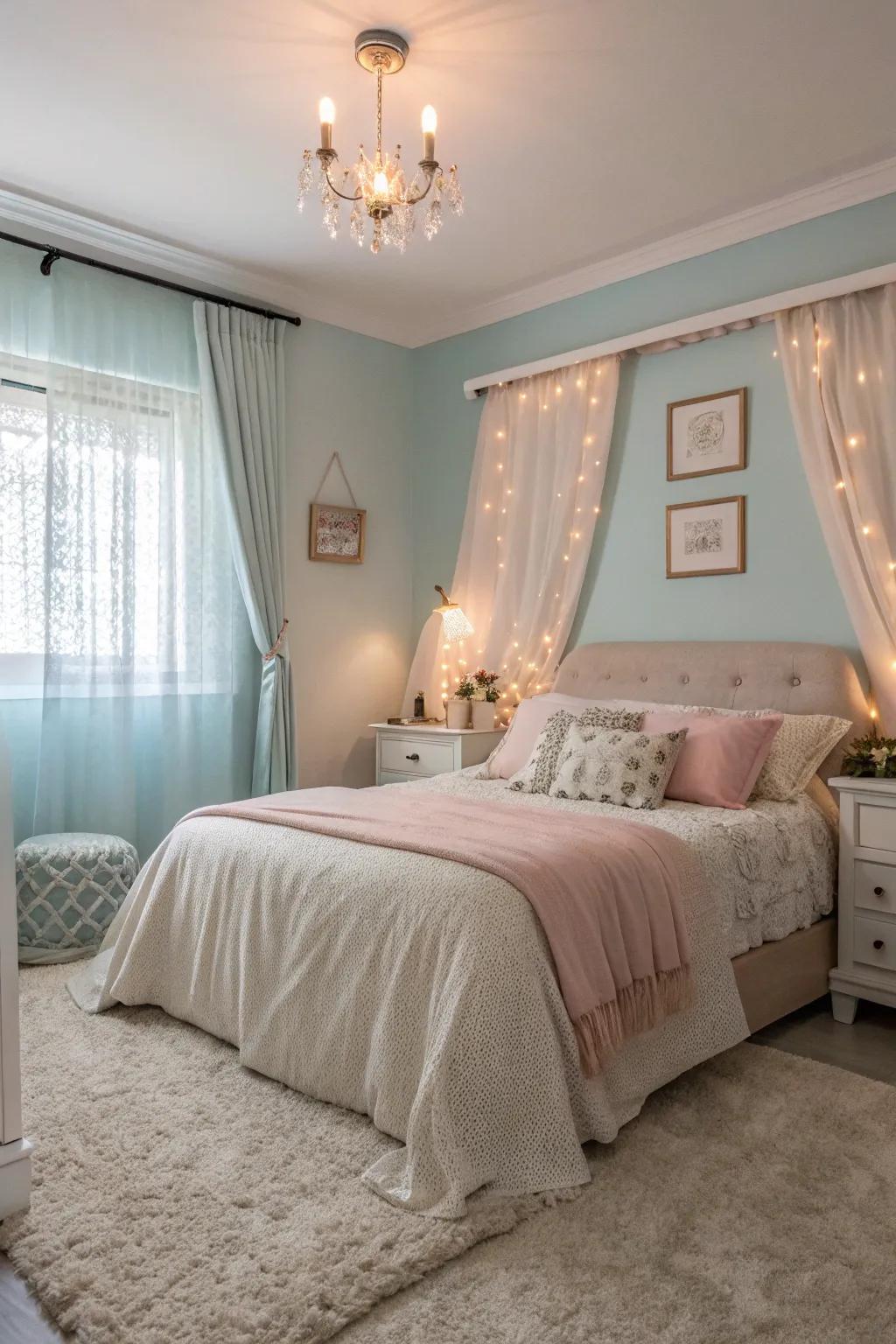 Peaceful light hues create a soothing and peaceful bedroom.