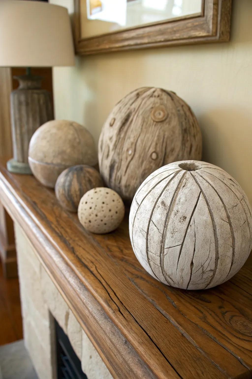 Timber orbs present a distinctive decorative element.