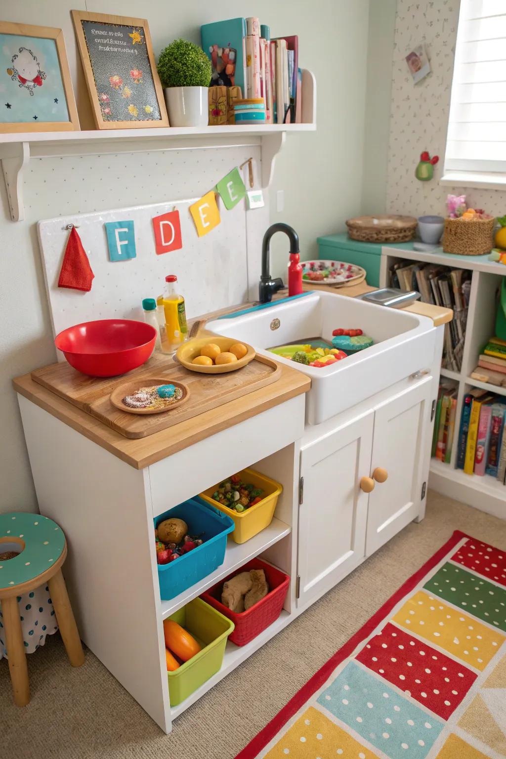A children's play kitchen created from a repurposed cabinet sink.