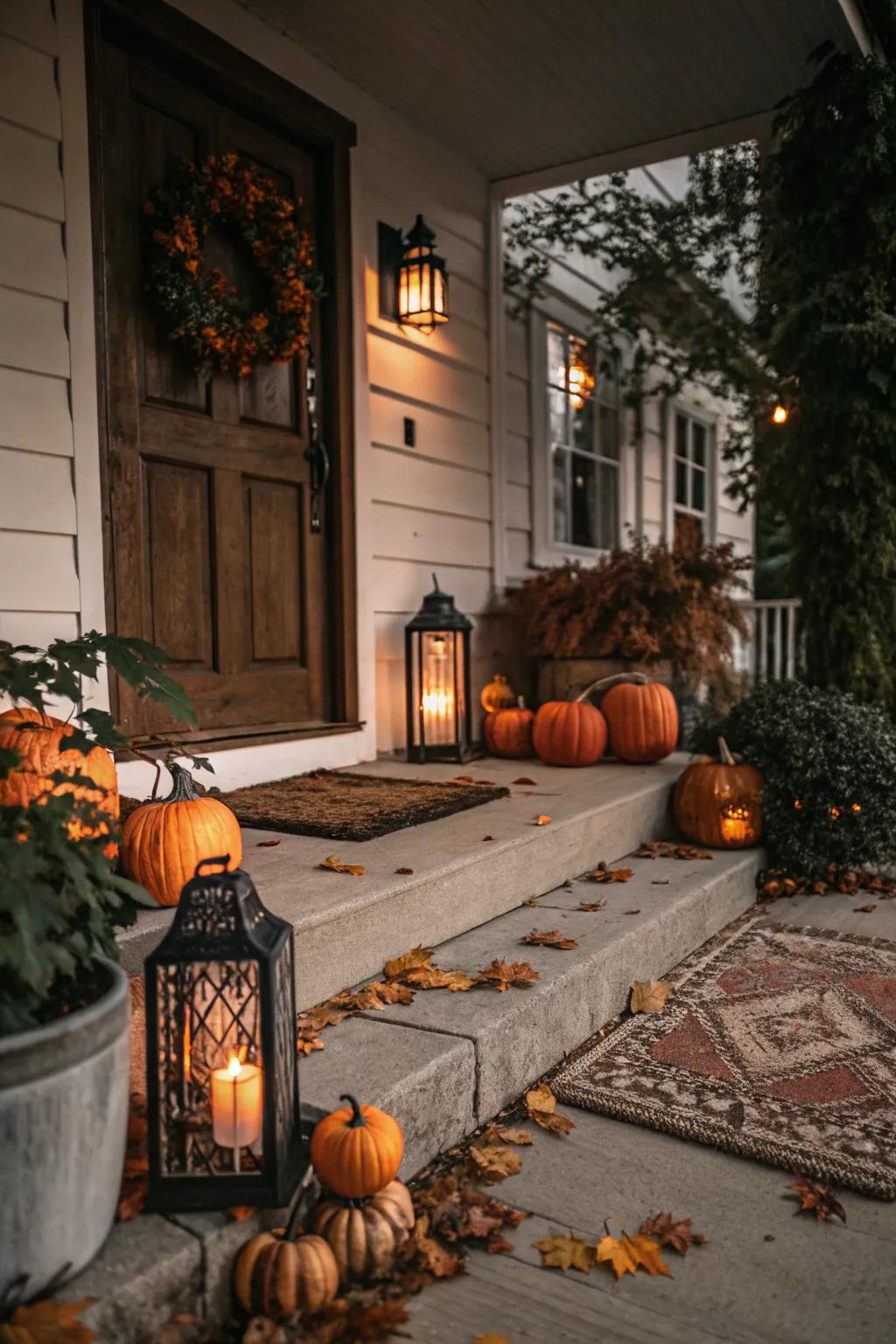 Dreamy lighting injects a cozy and inviting ambiance to the fall porch.