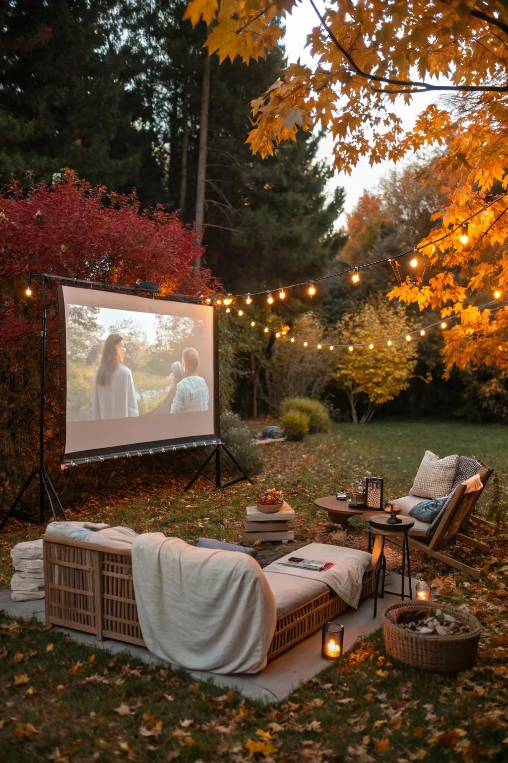Savor an outdoor movie showing beneath the autumn sky.