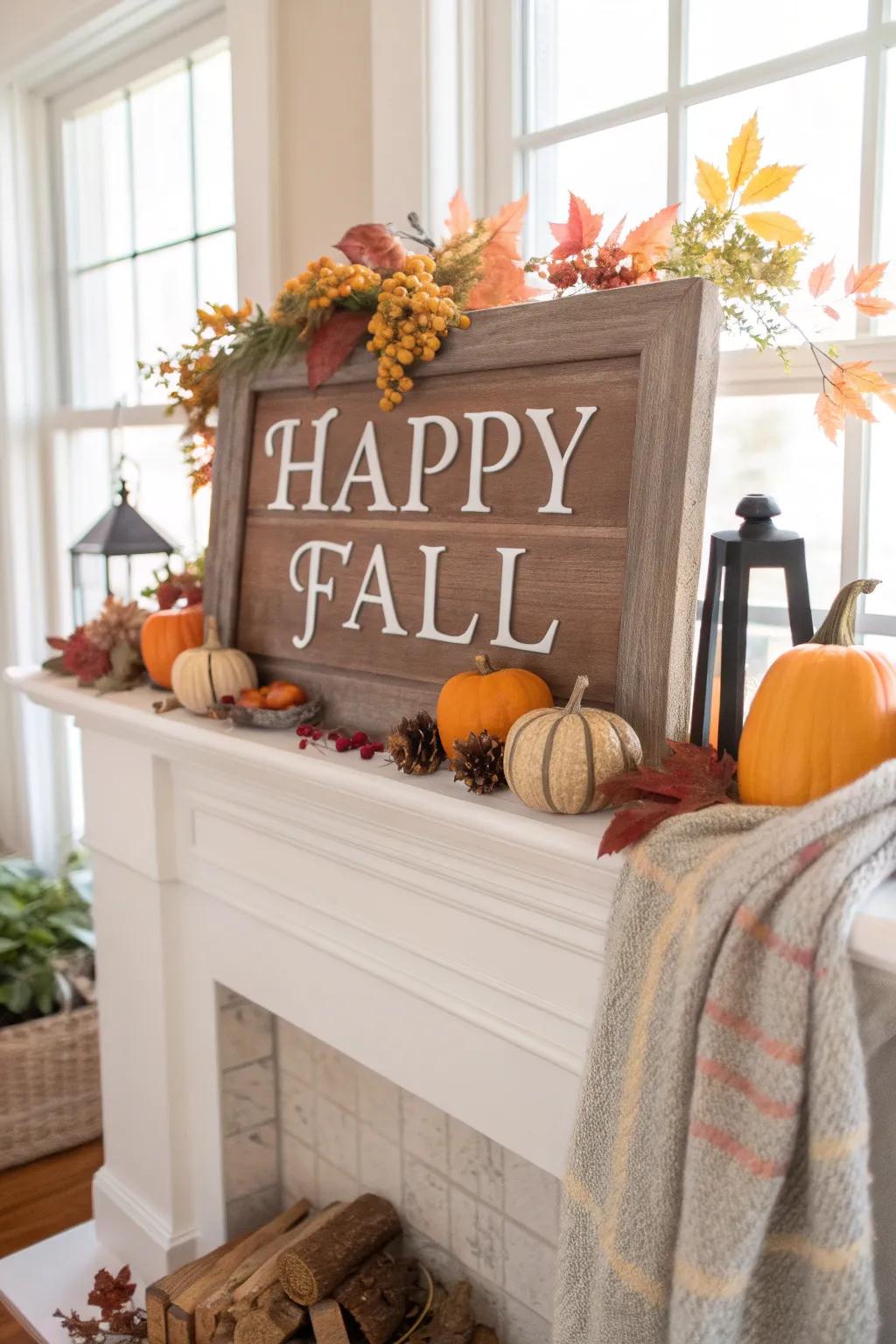 An autumnal fireplace featuring a welcoming seasonal placard.