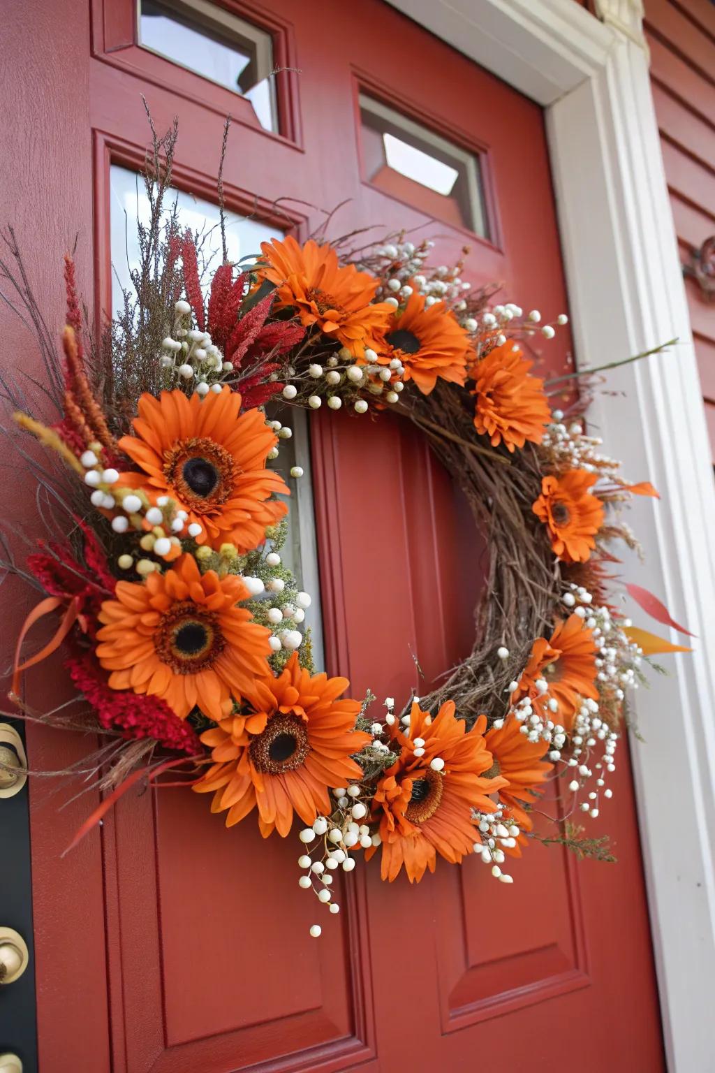 Orange solar blooms fashion a daring and welcoming autumnal garland.