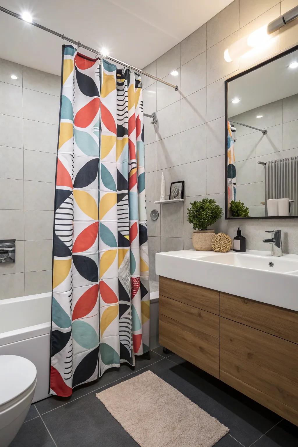 A lavatory featuring an audacious graphic shower drape and modern accents.