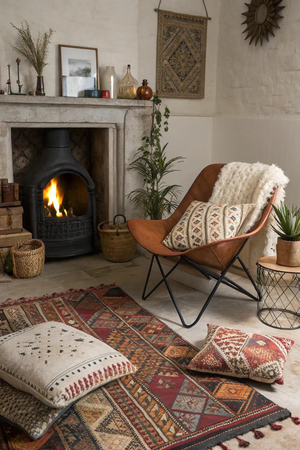 Varied decor elements transform this fireplace into uniquely inviting.