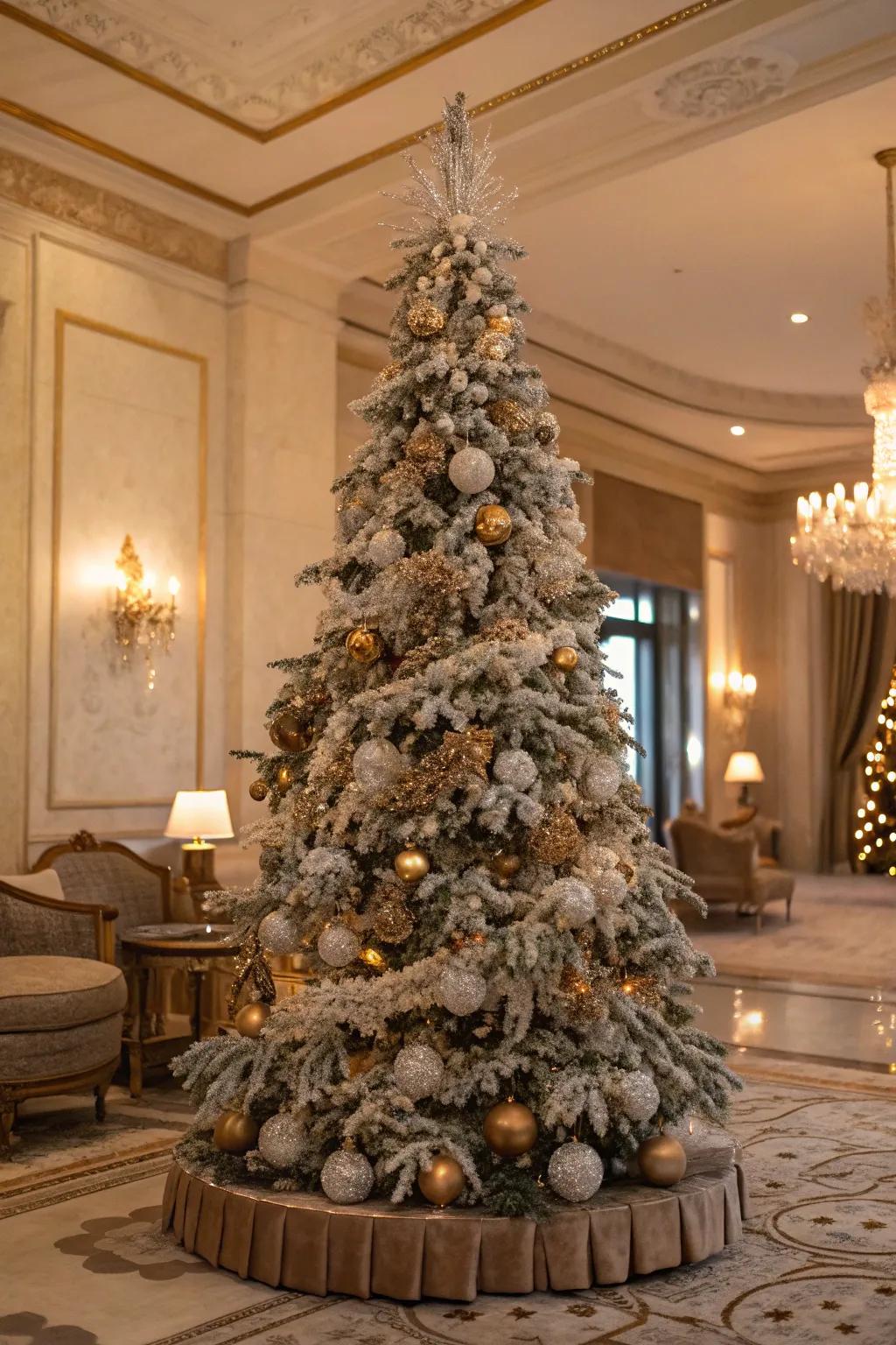 A sumptuous stratums-themed flocked Christmas tree.