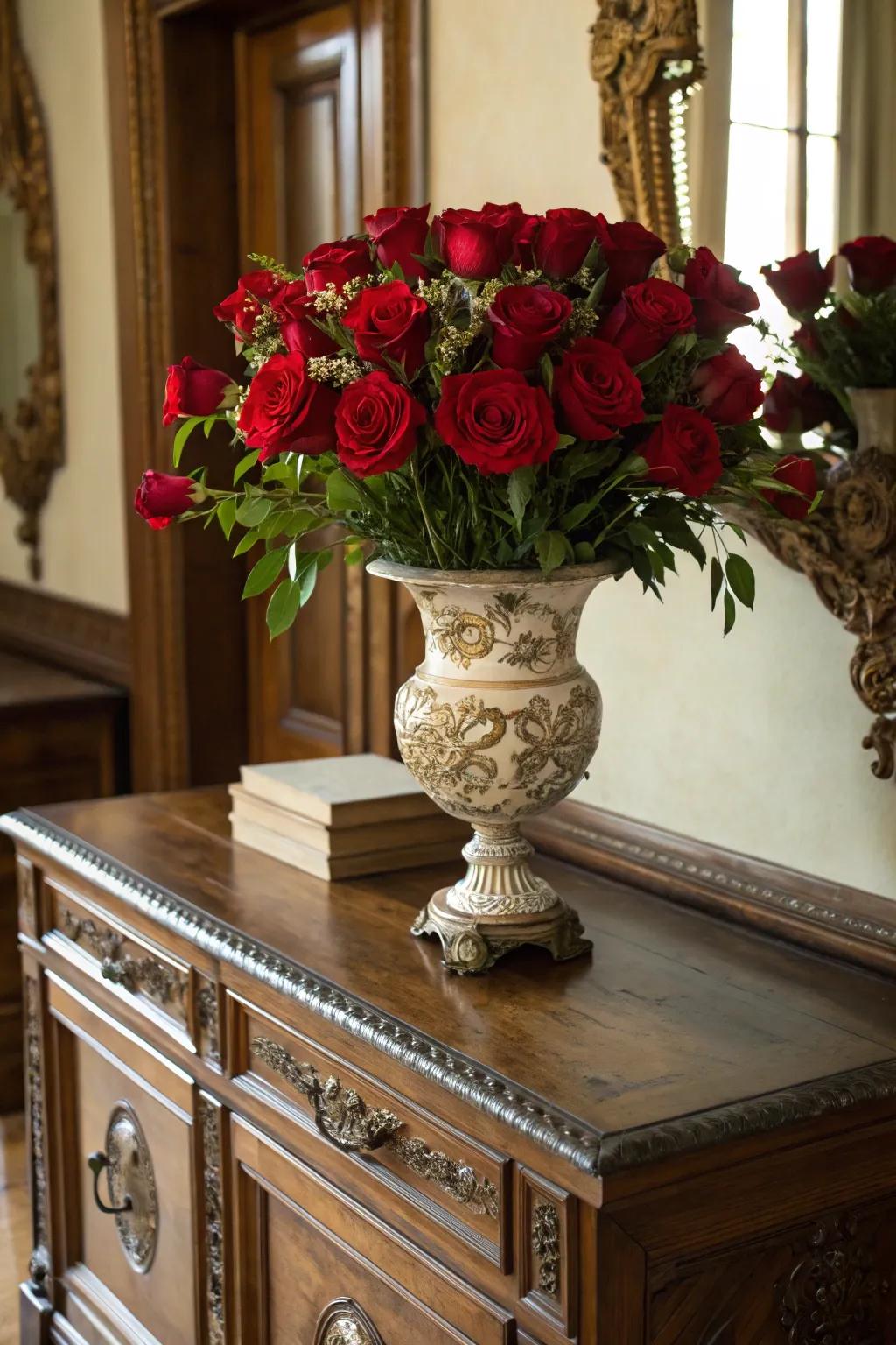 A timeless arrangement of scarlet roses contributing elegance to a retro dresser.